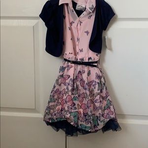 NWT Navy and pink butterfly dress with shrug sz4